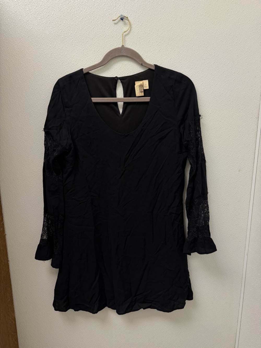 Black V-Neck Lace-Sleeve Tunic Dress - Women